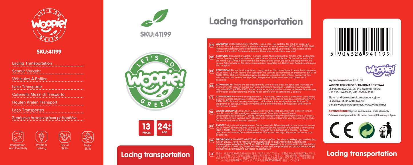 Opowieści na Sznureczku: Pojazdy | Drewniana Nawlekanka z Autami | WOOPIE GREEN