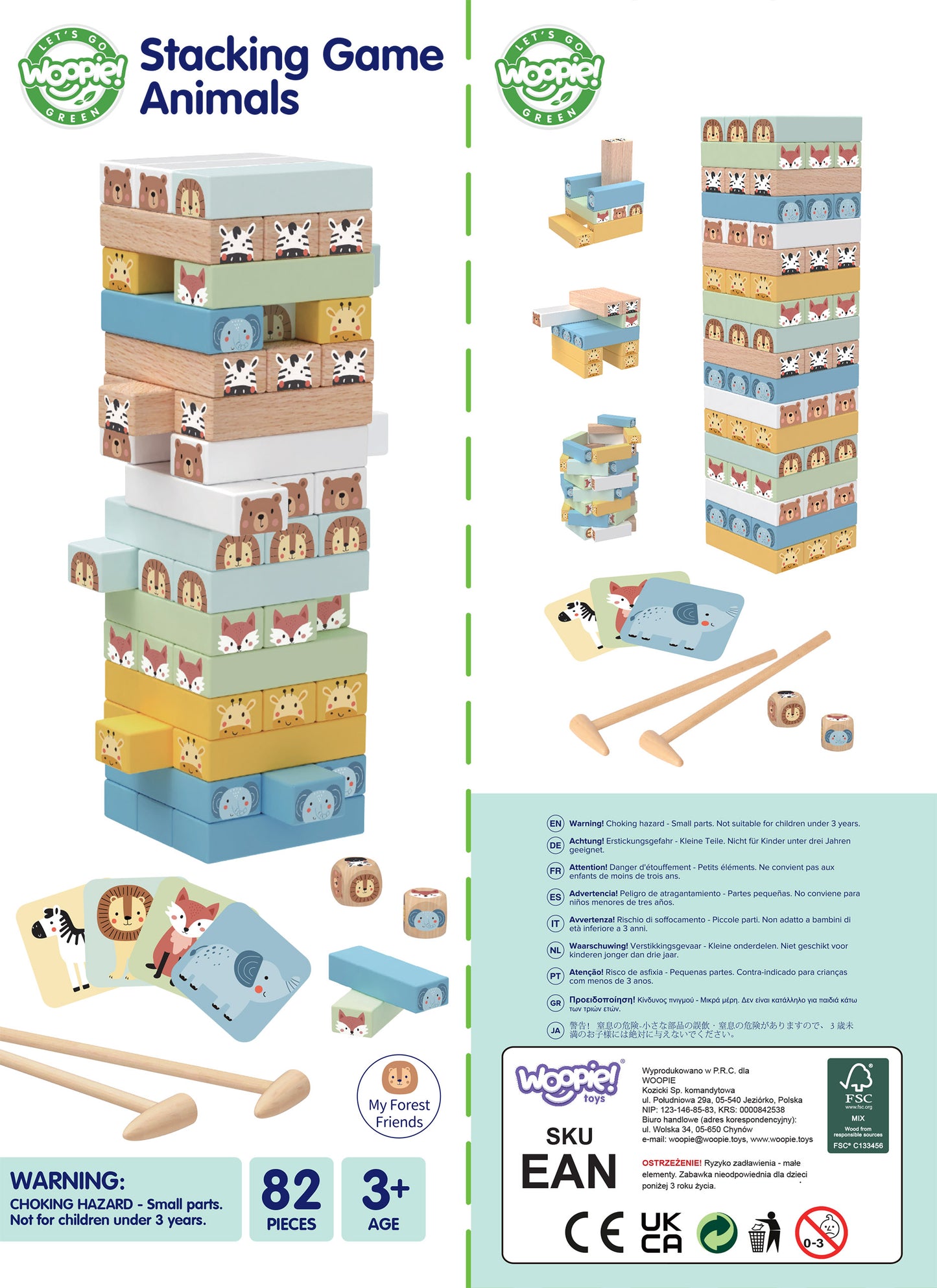 Chwiejąca Wieża | Drewniana Gra Zręcznościowa ze Zwierzątkami | WOOPIE GREEN