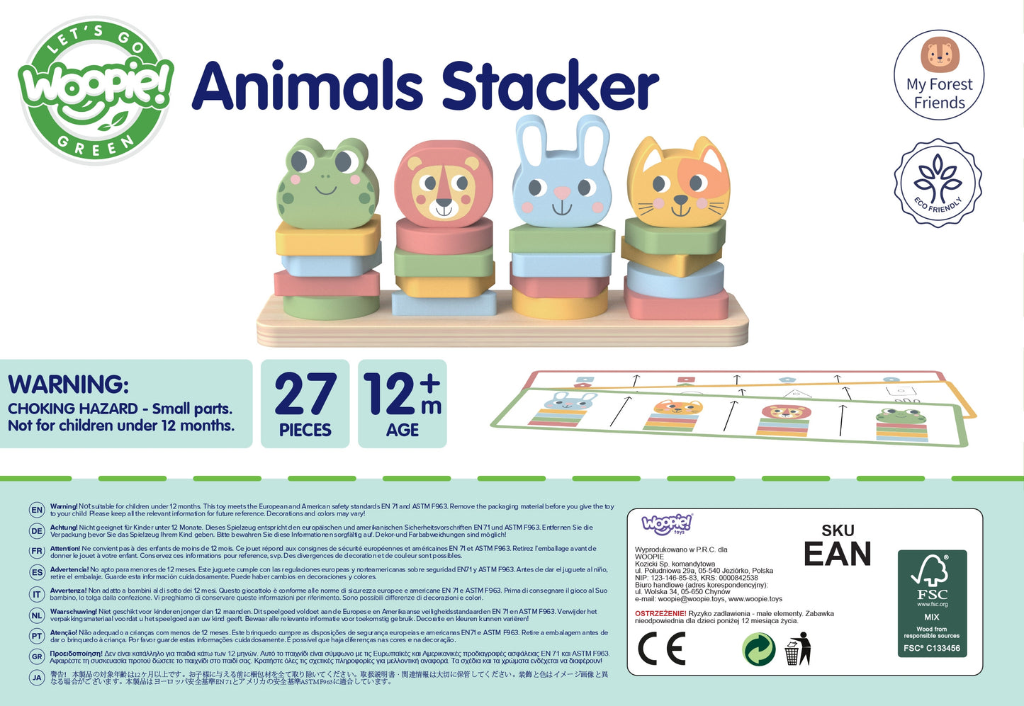 Zwierzęca Piramida | Drewniana Układanka Warstwowa | WOOPIE GREEN