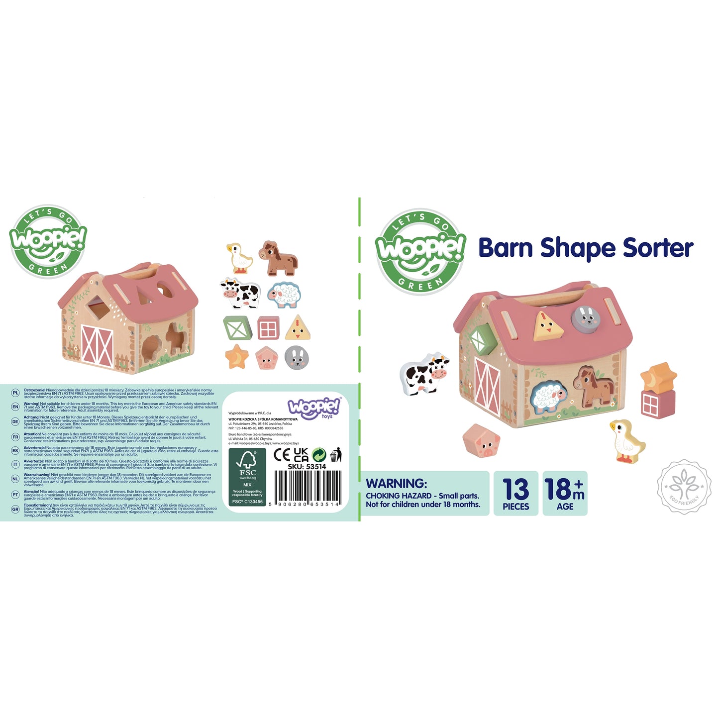 Moja Pierwsza Farma | Drewniany Sorter Kształtów ze Zwierzątkami | WOOPIE GREEN