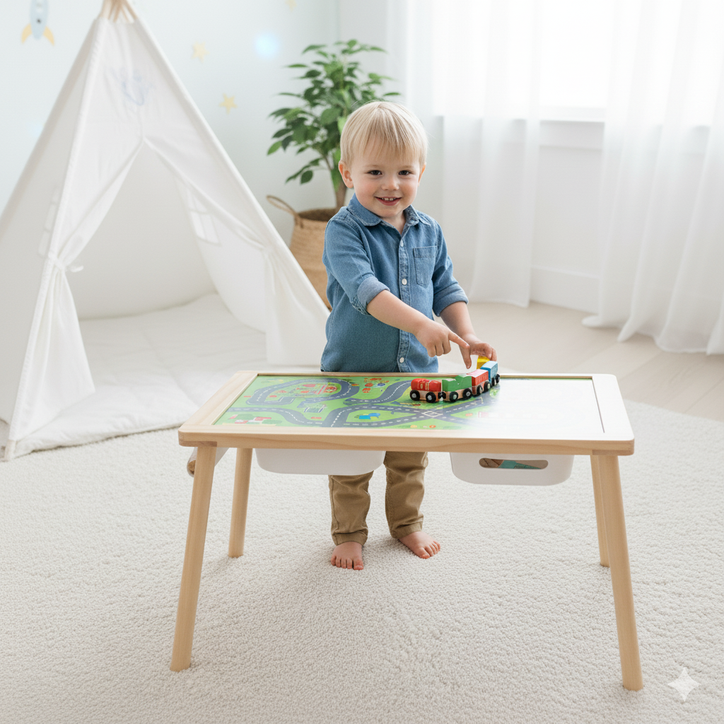 Stolik Aktywności 4w1 | Drewniana Tablica Kredowa, Mapa Miasta i Rolka Papieru | WOOPIE GREEN