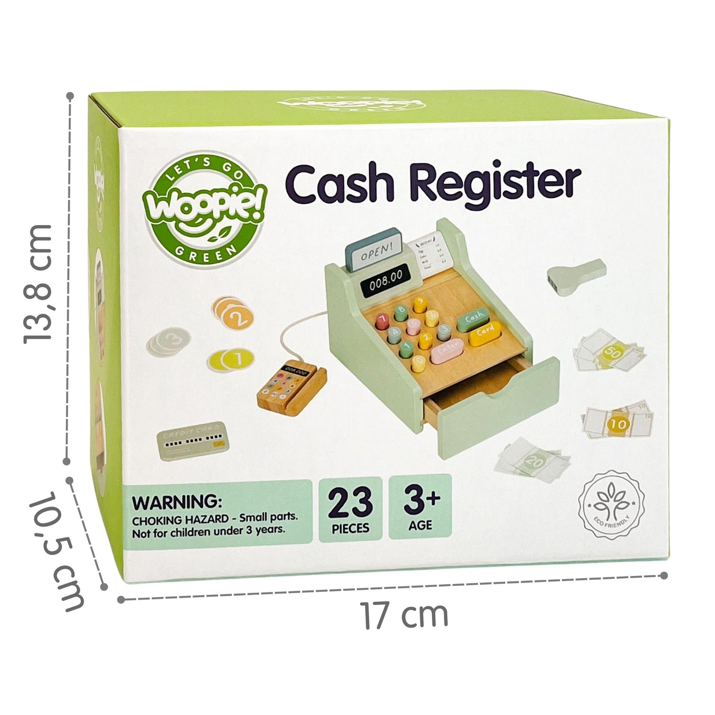 Kasa Sklepowa | Drewniana Kasa Fiskalna z Akcesoriami i Kartą | WOOPIE GREEN FSC