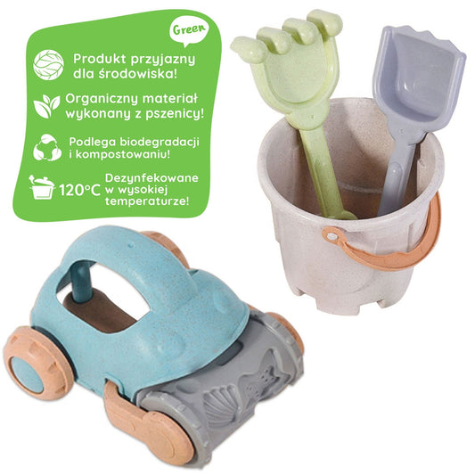 Zestaw do Piasku | Wiaderko Samochodzik 6 Foremek Łopatka 10 el. BIO | WOOPIE GREEN