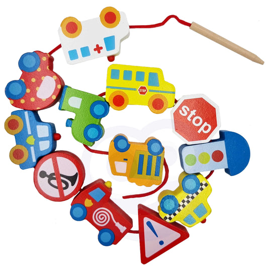 Opowieści na Sznureczku: Pojazdy | Drewniana Nawlekanka z Autami | WOOPIE GREEN