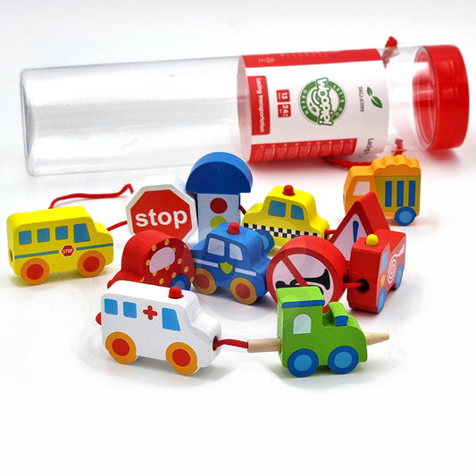 Opowieści na Sznureczku: Pojazdy | Drewniana Nawlekanka z Autami | WOOPIE GREEN