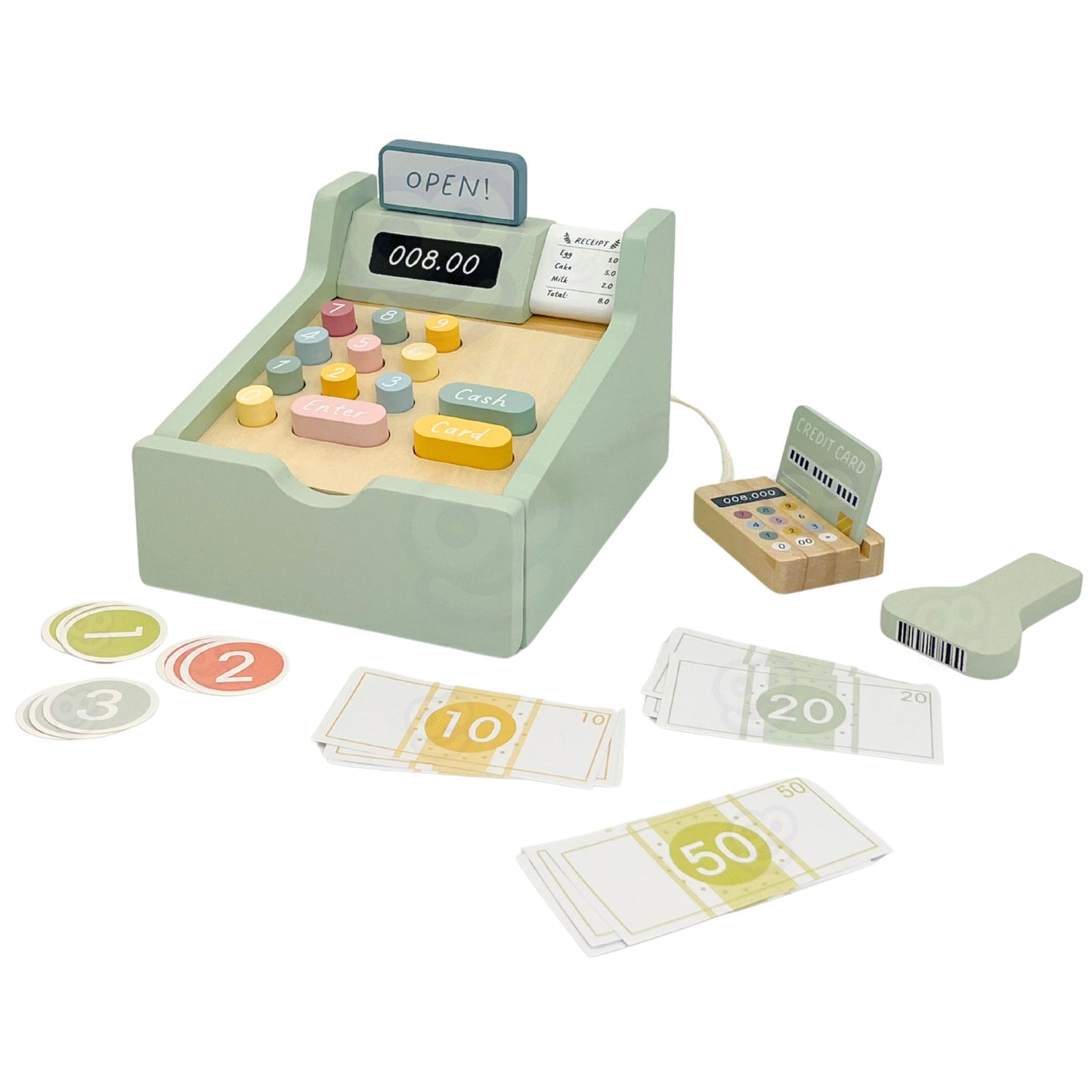 Kasa Sklepowa | Drewniana Kasa Fiskalna z Akcesoriami i Kartą | WOOPIE GREEN FSC