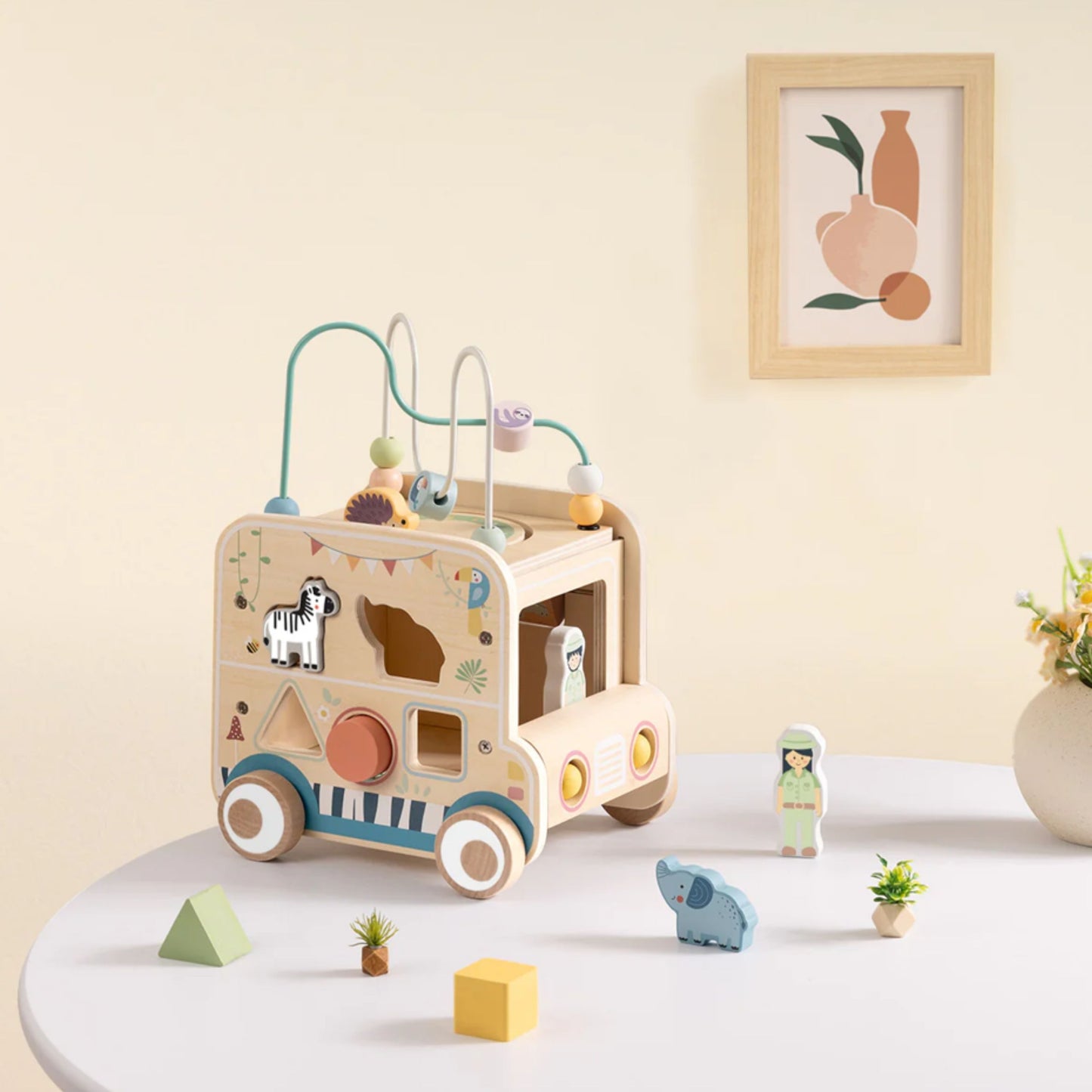 Kostka Aktywności | Drewniany Samochód Safari, Pętla, Sorter i Koła Zębate | WOOPIE GREEN