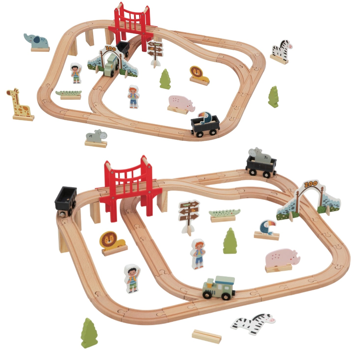 Zestaw Kolejowy ZOO | Drewniana Kolejka, Pociąg na Magnes, Most i 8 Figurek | WOOPIE GREEN
