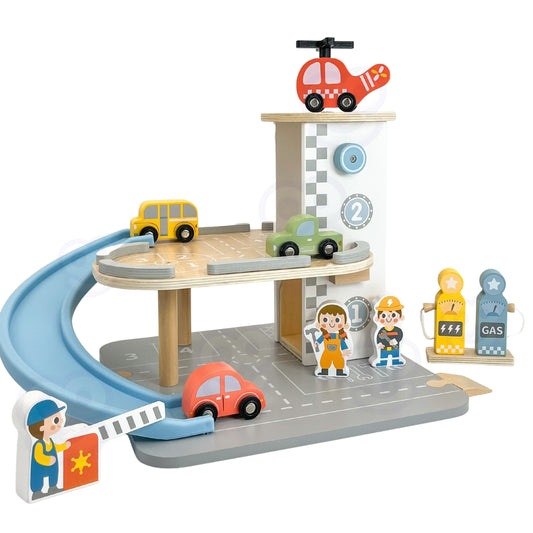 Parking Piętrowy | Drewniany Garaż 2w1 Stacja Benzynowa i Autka | WOOPIE GREEN FSC