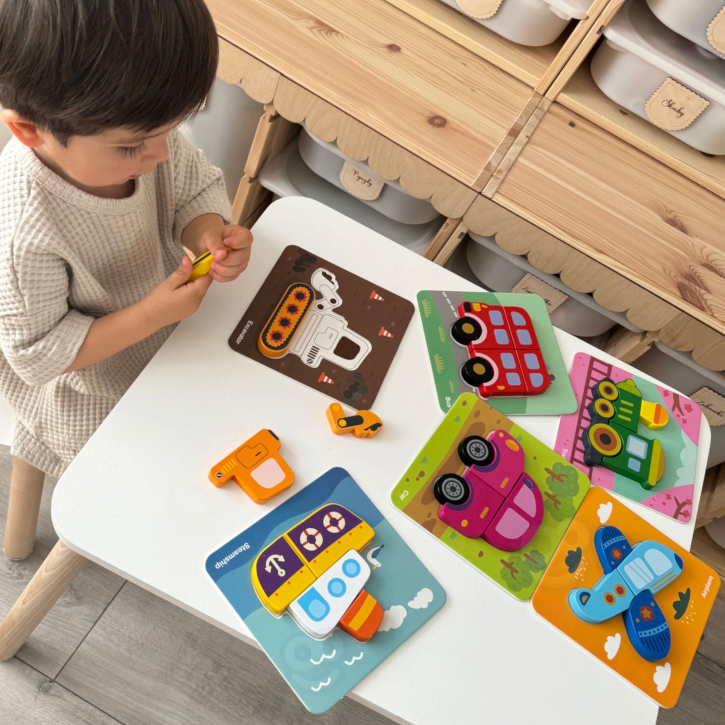 Kształty Pojazdów | Drewniana Układanka Klocki Montessori | WOOPIE GREEN