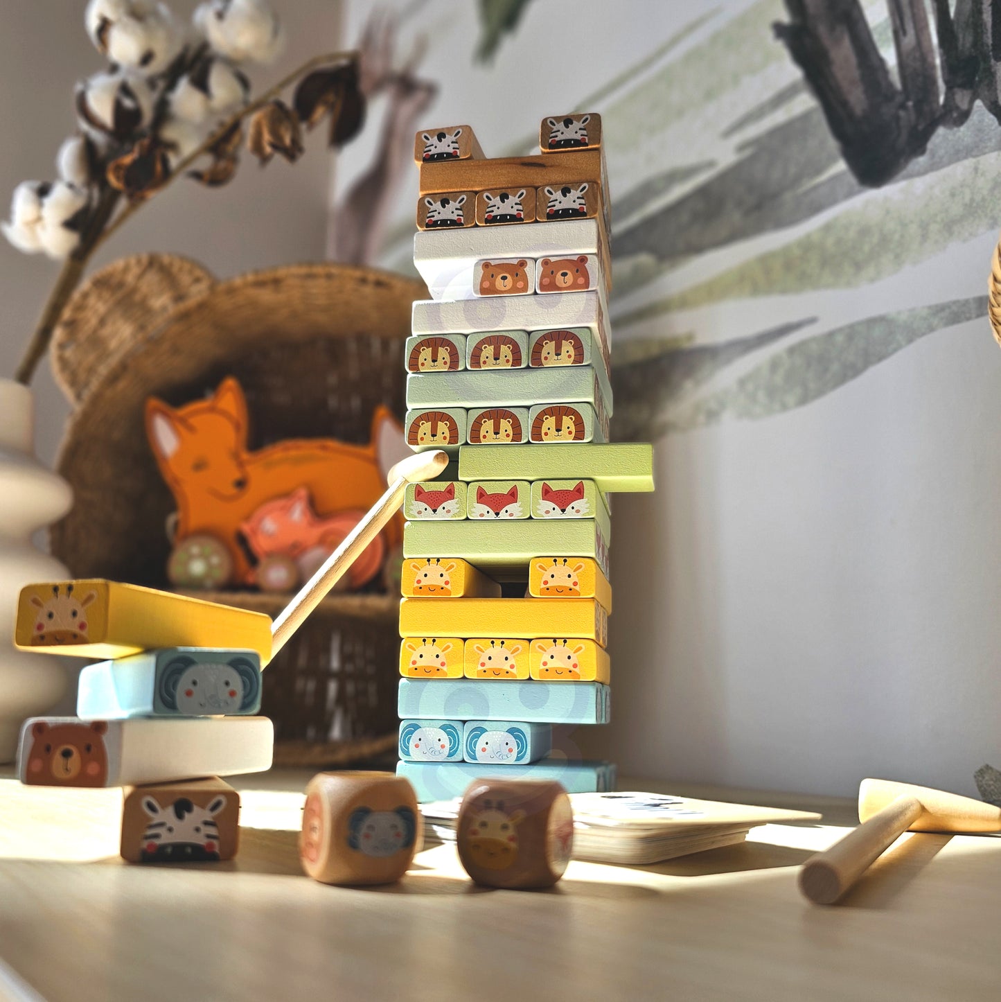 Chwiejąca Wieża | Drewniana Gra Zręcznościowa ze Zwierzątkami | WOOPIE GREEN
