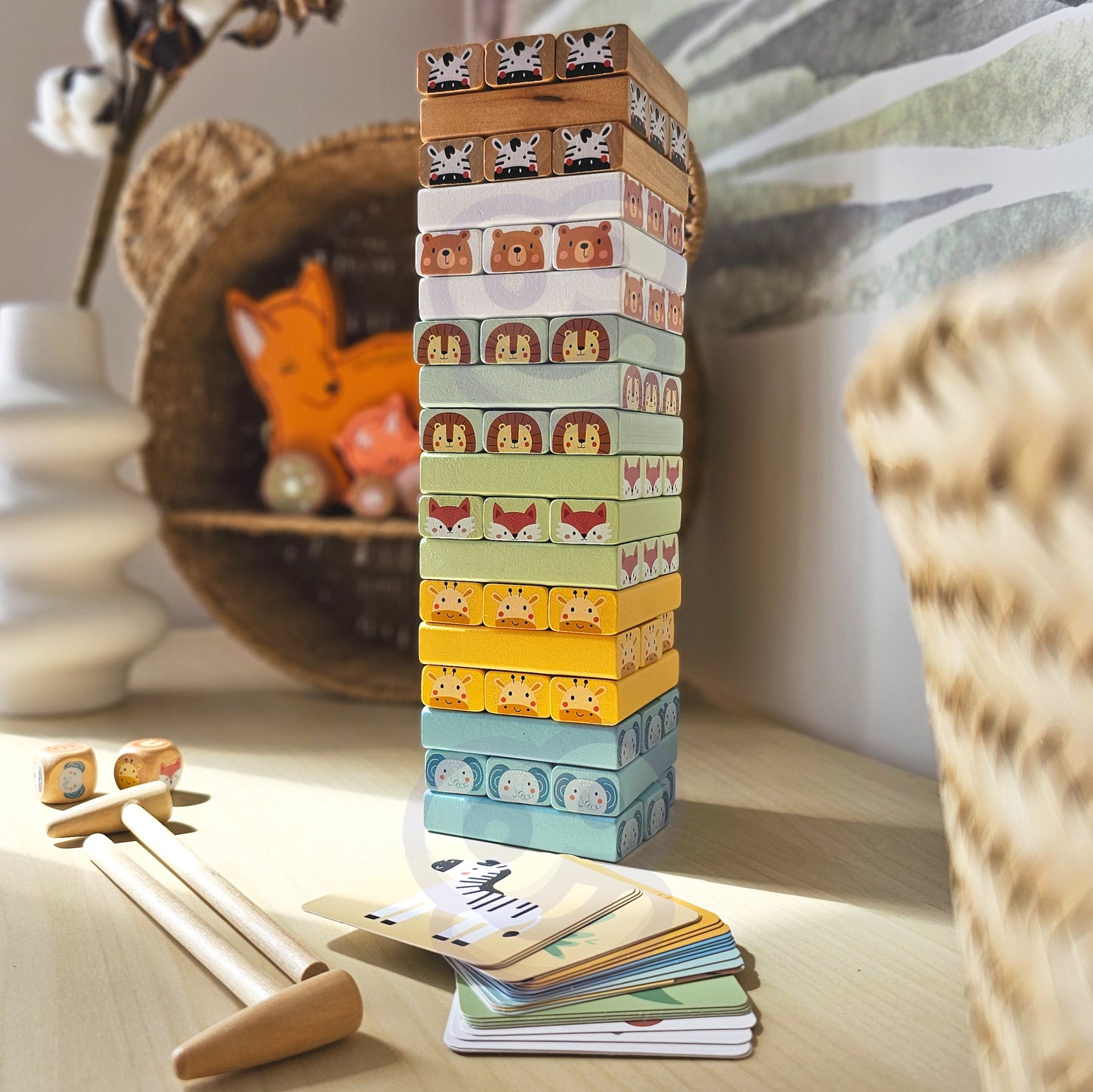 Chwiejąca Wieża | Drewniana Gra Zręcznościowa ze Zwierzątkami | WOOPIE GREEN