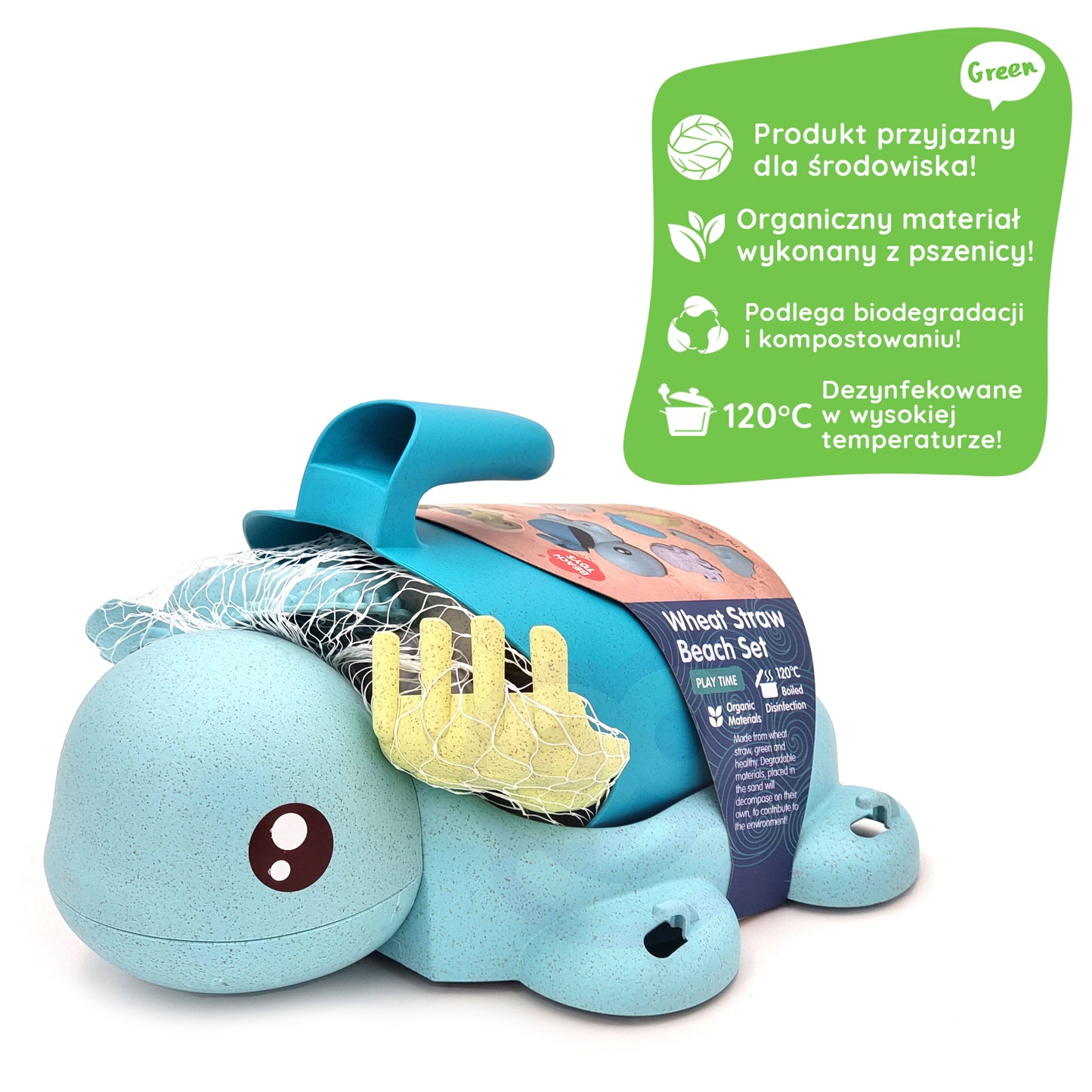 Zestaw do Piasku i Wanny | Żółwik Kołowrotek Łopatka 8 el. BIO 2w1 | WOOPIE GREEN