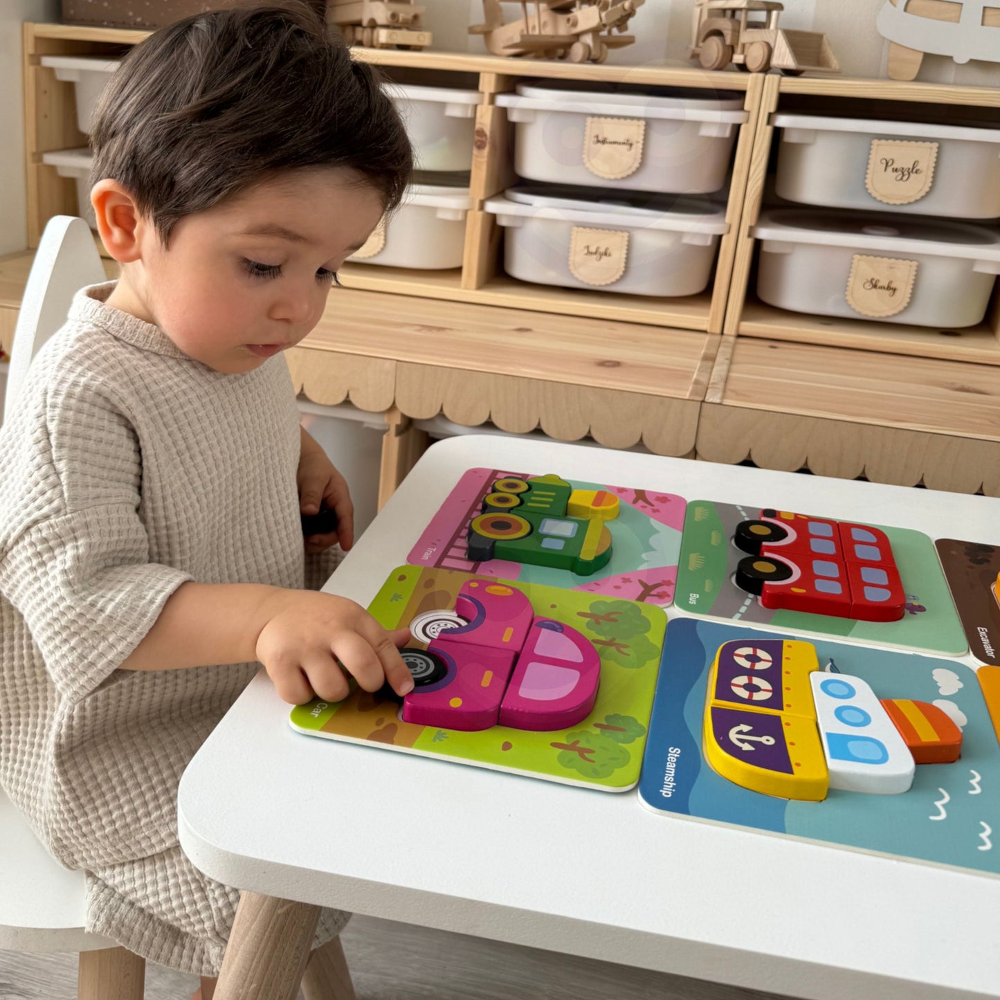 Kształty Pojazdów | Drewniana Układanka Klocki Montessori | WOOPIE GREEN