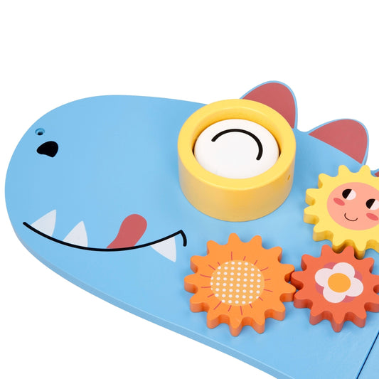 Tablica Aktywności Dinozaur | Drewniana Ścienna, Koła Zębate, Labirynt i Zegar | WOOPIE GREEN