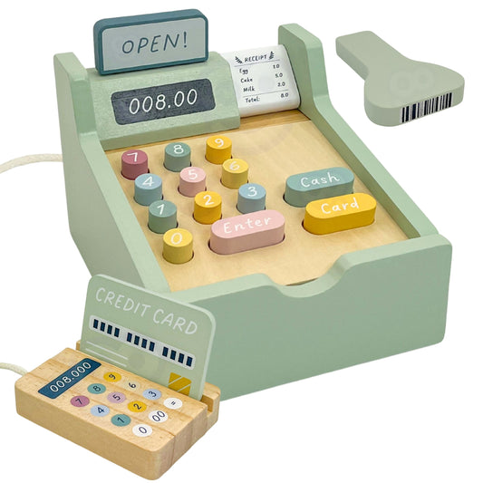 Kasa Sklepowa | Drewniana Kasa Fiskalna z Akcesoriami i Kartą | WOOPIE GREEN FSC