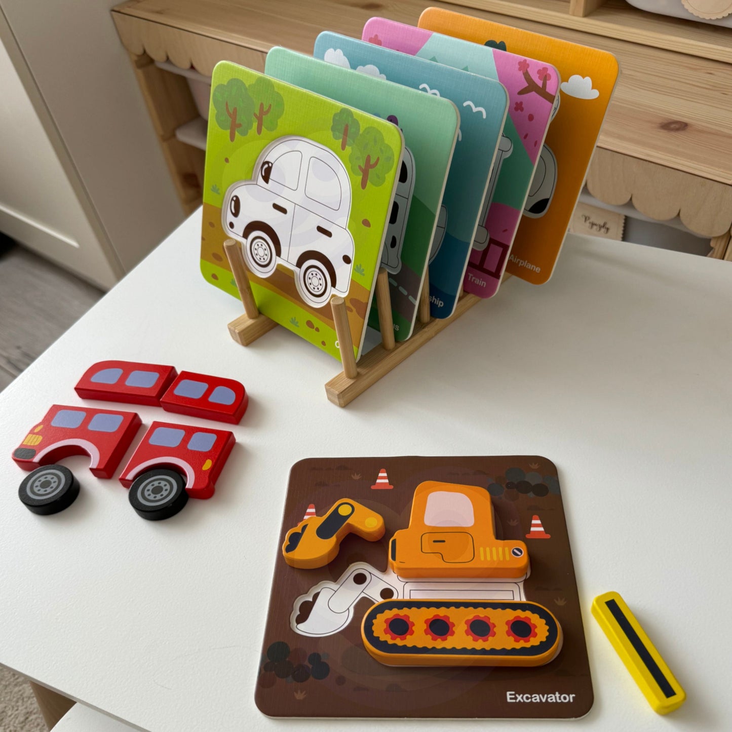 Kształty Pojazdów | Drewniana Układanka Klocki Montessori | WOOPIE GREEN