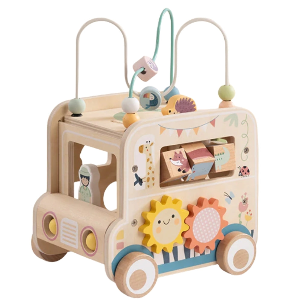 Kostka Aktywności | Drewniany Samochód Safari, Pętla, Sorter i Koła Zębate | WOOPIE GREEN