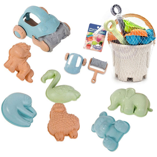 Zestaw do Piasku | Wiaderko Samochodzik 6 Foremek Łopatka 10 el. BIO | WOOPIE GREEN