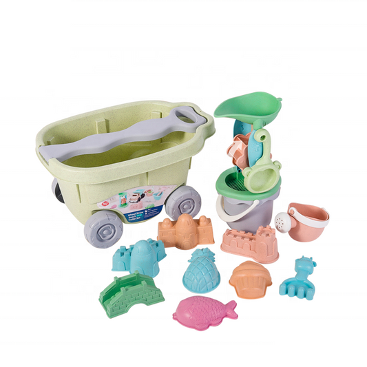 Zestaw do Piasku | Wózek Kołowrotek Sitko Foremki 12 el. BIO | WOOPIE GREEN