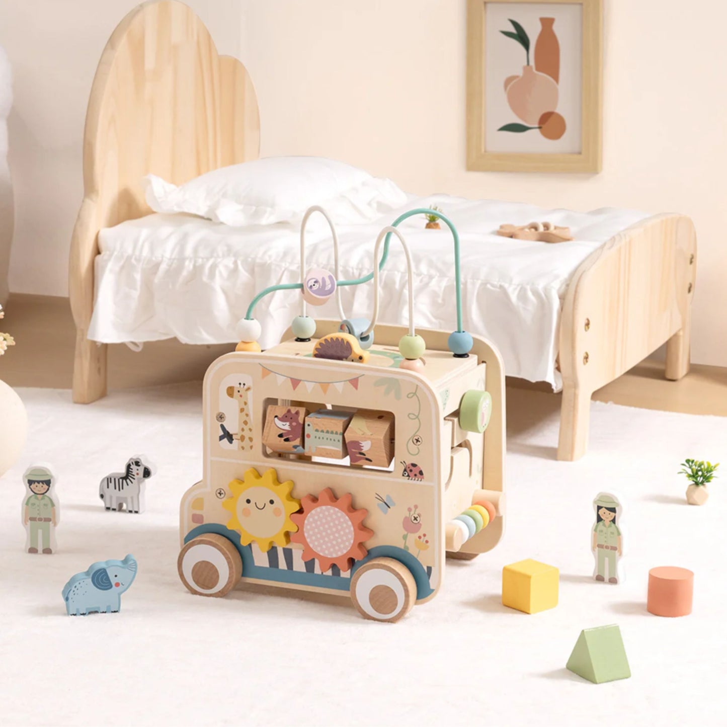 Kostka Aktywności | Drewniany Samochód Safari, Pętla, Sorter i Koła Zębate | WOOPIE GREEN
