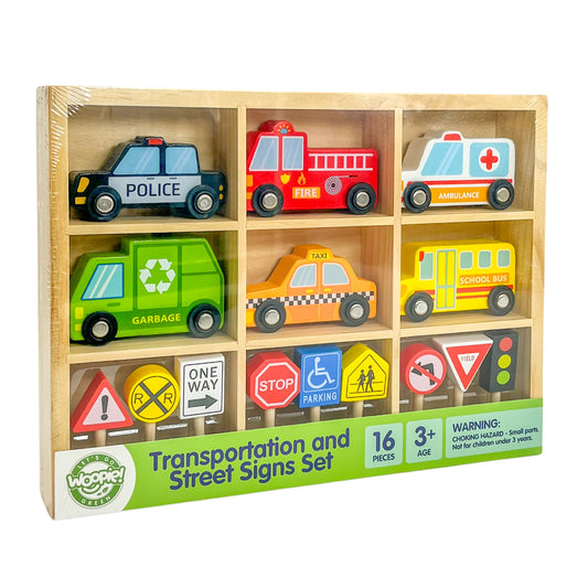 Zestaw Pojazdów | Drewniane Samochody Znaki Drogowe 15 el. | WOOPIE GREEN