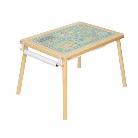 Stolik Aktywności 4w1 | Drewniana Tablica Kredowa, Mapa Miasta i Rolka Papieru | WOOPIE GREEN