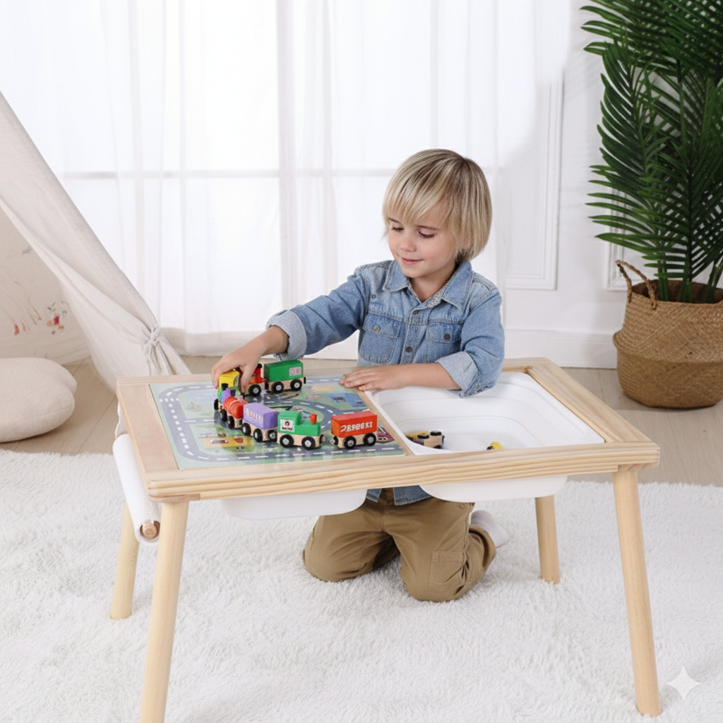 Stolik Aktywności 4w1 | Drewniana Tablica Kredowa, Mapa Miasta i Rolka Papieru | WOOPIE GREEN