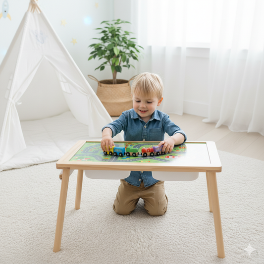 Stolik Aktywności 4w1 | Drewniana Tablica Kredowa, Mapa Miasta i Rolka Papieru | WOOPIE GREEN