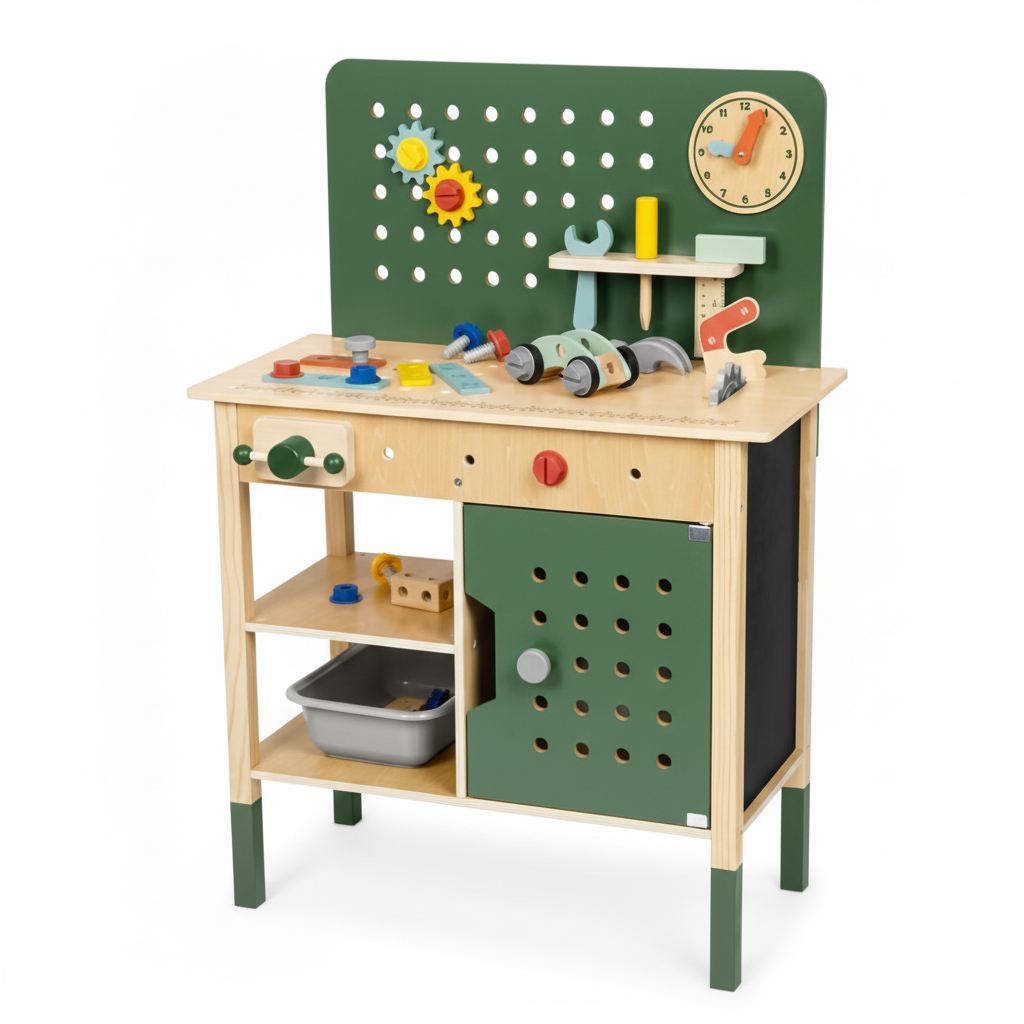 Warsztat Majsterkowicza | Drewniany Zestaw STEM z Narzędziami, Zegar i Tablica | WOOPIE GREEN