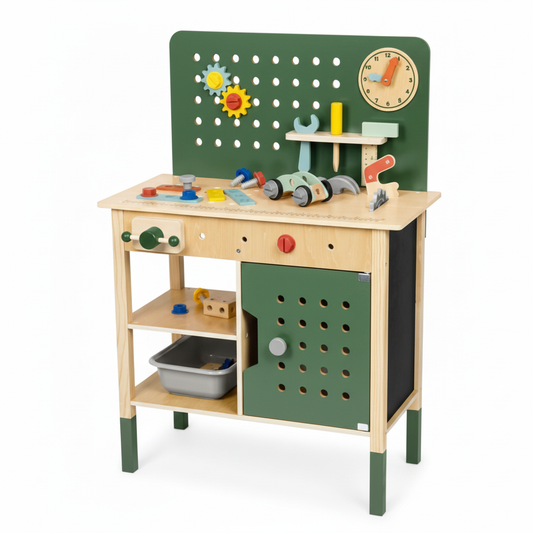 Warsztat Majsterkowicza | Drewniany Zestaw STEM z Narzędziami, Zegar i Tablica | WOOPIE GREEN