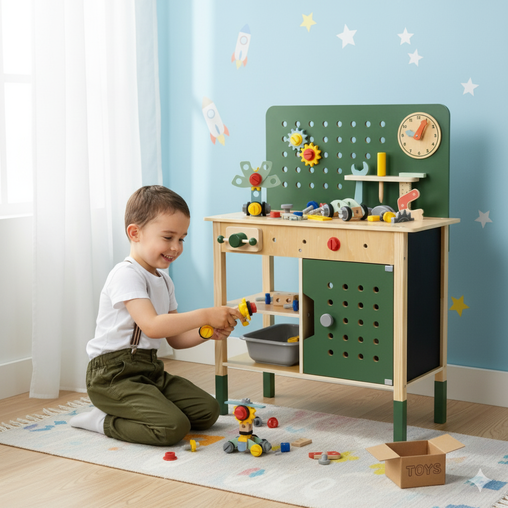 Warsztat Majsterkowicza | Drewniany Zestaw STEM z Narzędziami, Zegar i Tablica | WOOPIE GREEN