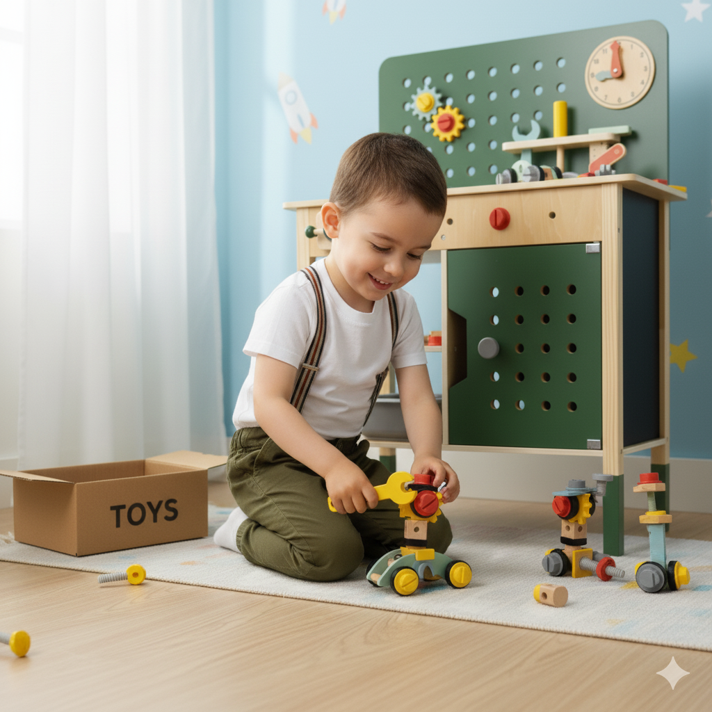 Warsztat Majsterkowicza | Drewniany Zestaw STEM z Narzędziami, Zegar i Tablica | WOOPIE GREEN