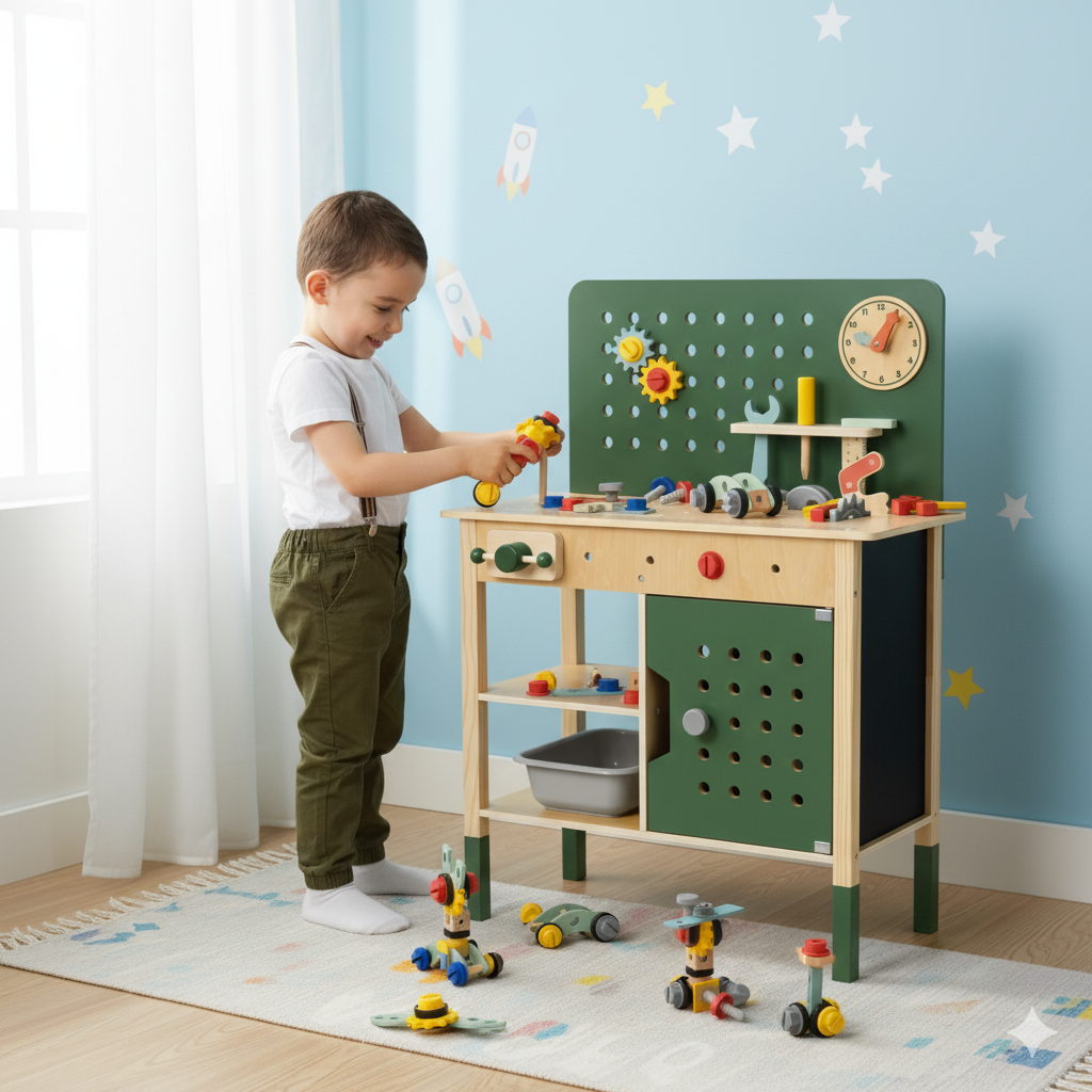 Warsztat Majsterkowicza | Drewniany Zestaw STEM z Narzędziami, Zegar i Tablica | WOOPIE GREEN