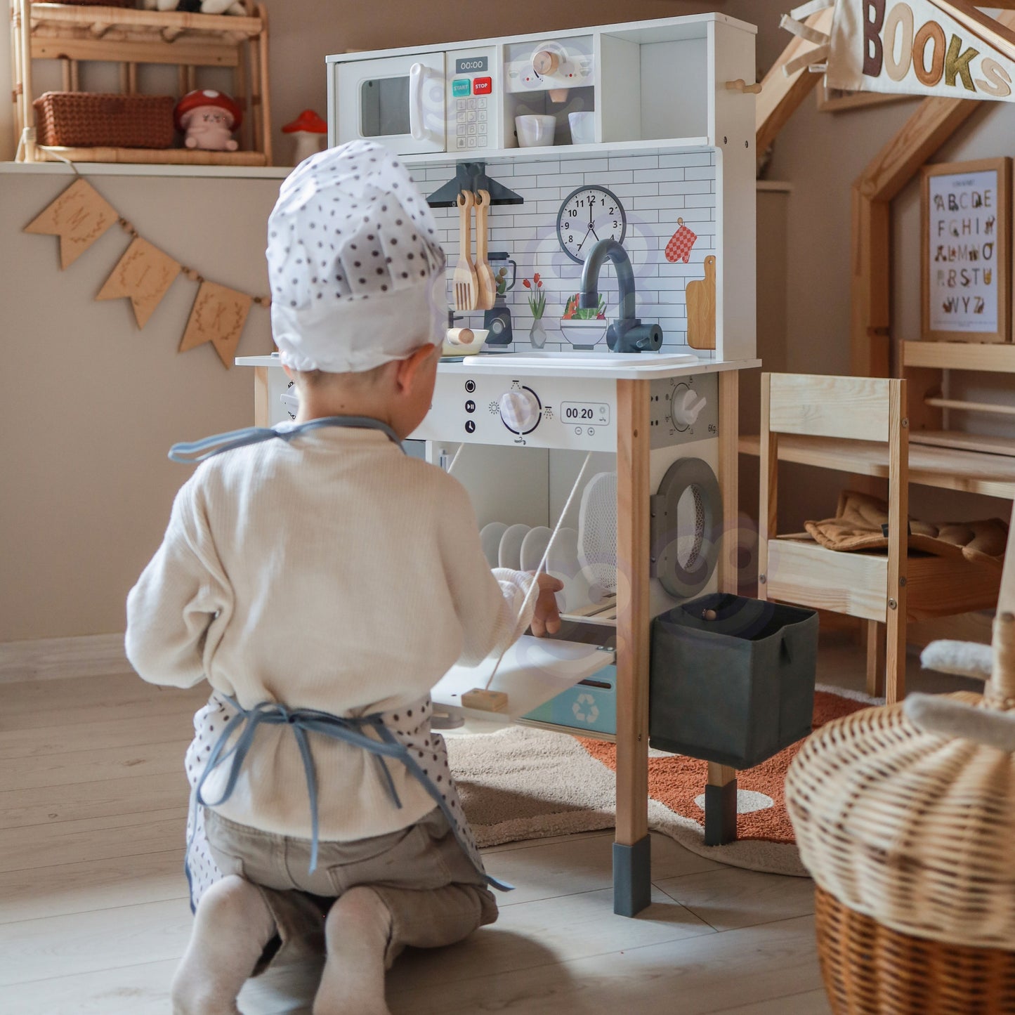 Kuchnia Drewniana | Interaktywna 9w1 z Pralką i Tablicą | WOOPIE GREEN