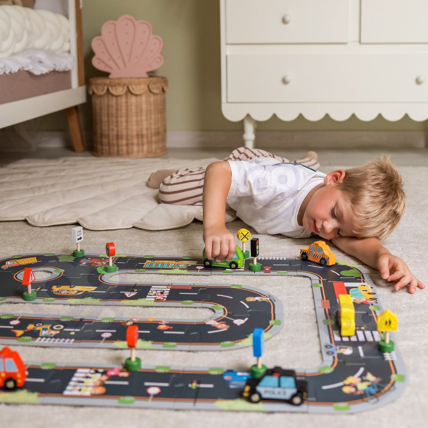 Zestaw Pojazdów | Drewniane Samochody Znaki Drogowe 15 el. | WOOPIE GREEN