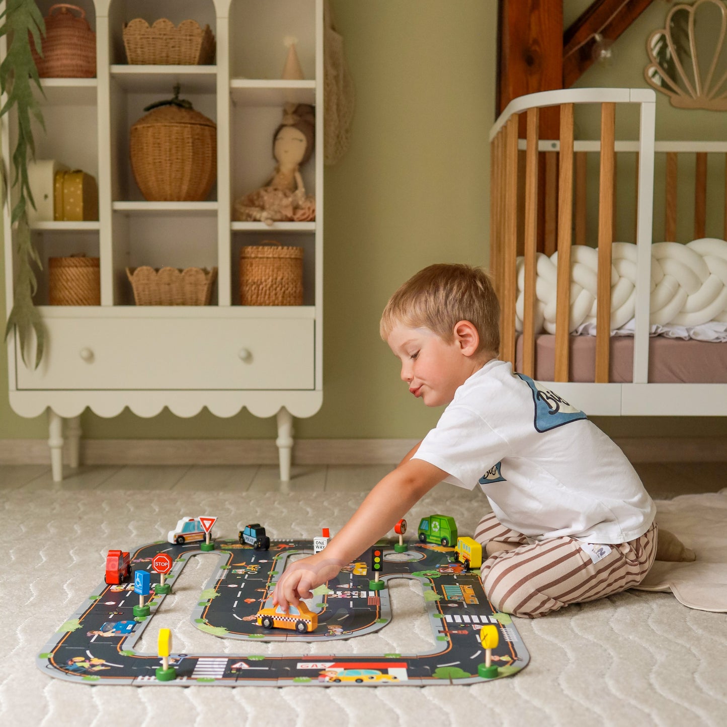 Puzzle Drogowe | Drewniana Droga Autostrada Makieta 21 elementów | WOOPIE GREEN