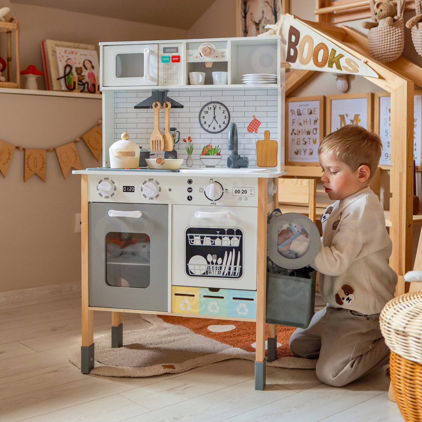 Kuchnia Drewniana | Interaktywna 9w1 z Pralką i Tablicą | WOOPIE GREEN