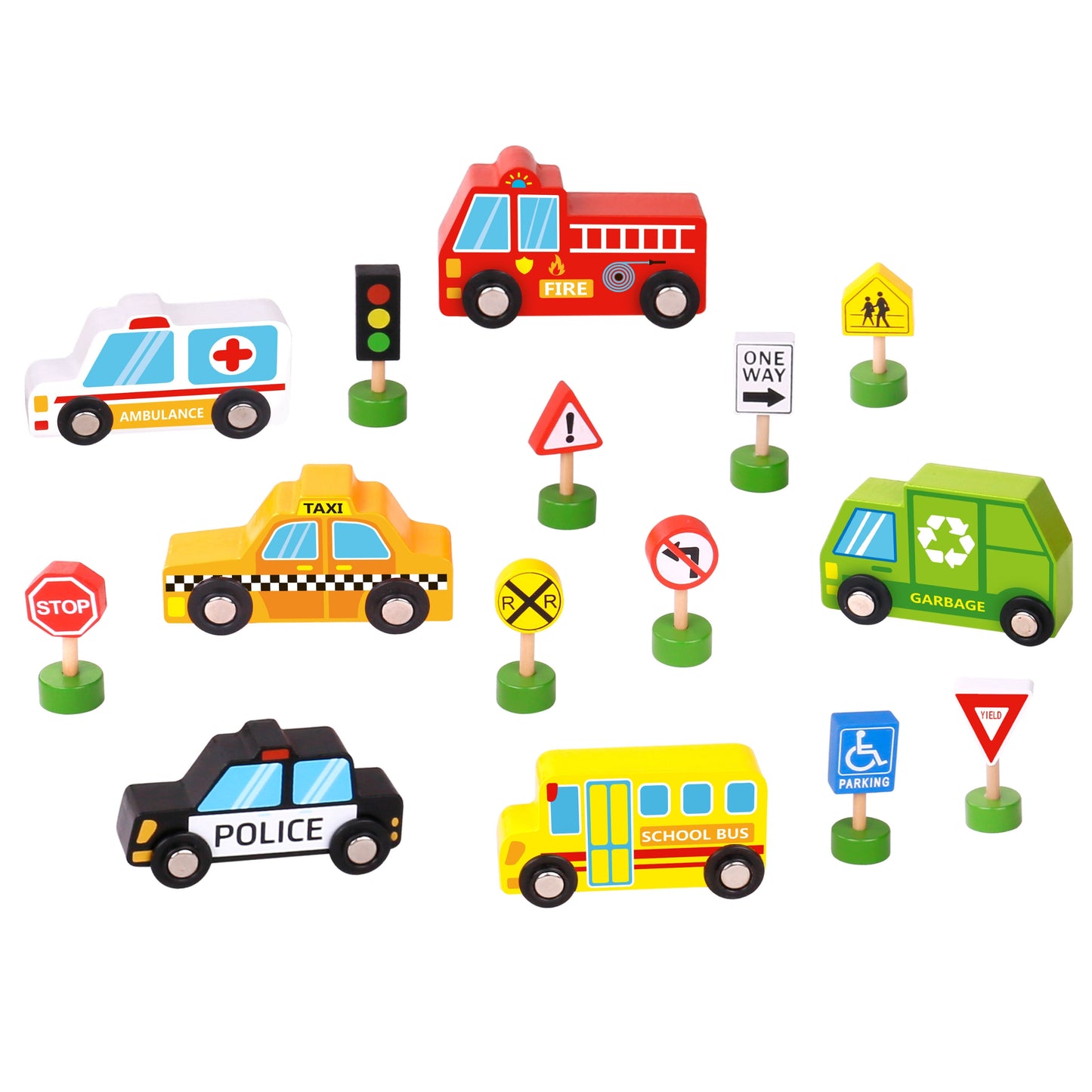 Zestaw Pojazdów | Drewniane Samochody Znaki Drogowe 15 el. | WOOPIE GREEN