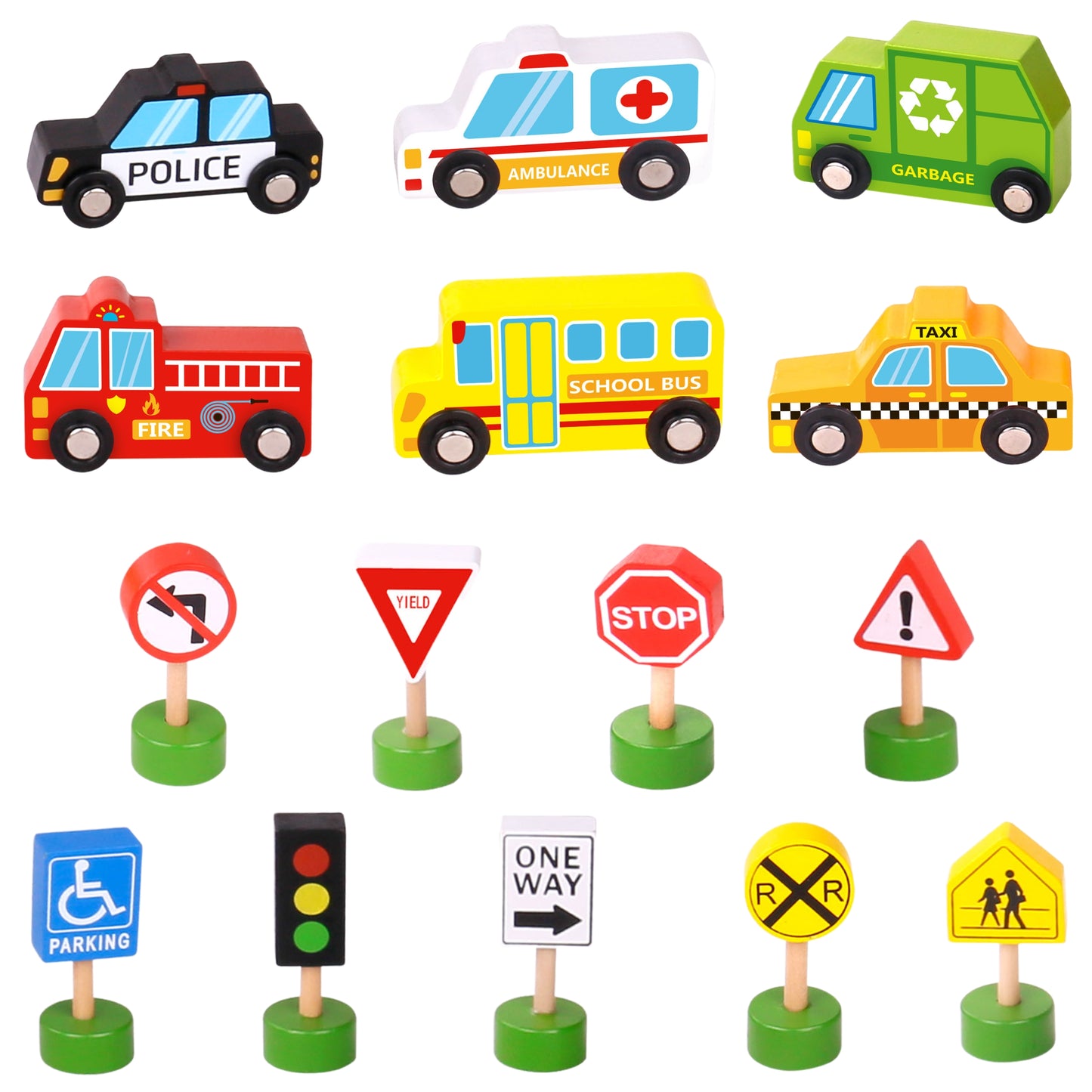 Zestaw Pojazdów | Drewniane Samochody Znaki Drogowe 15 el. | WOOPIE GREEN