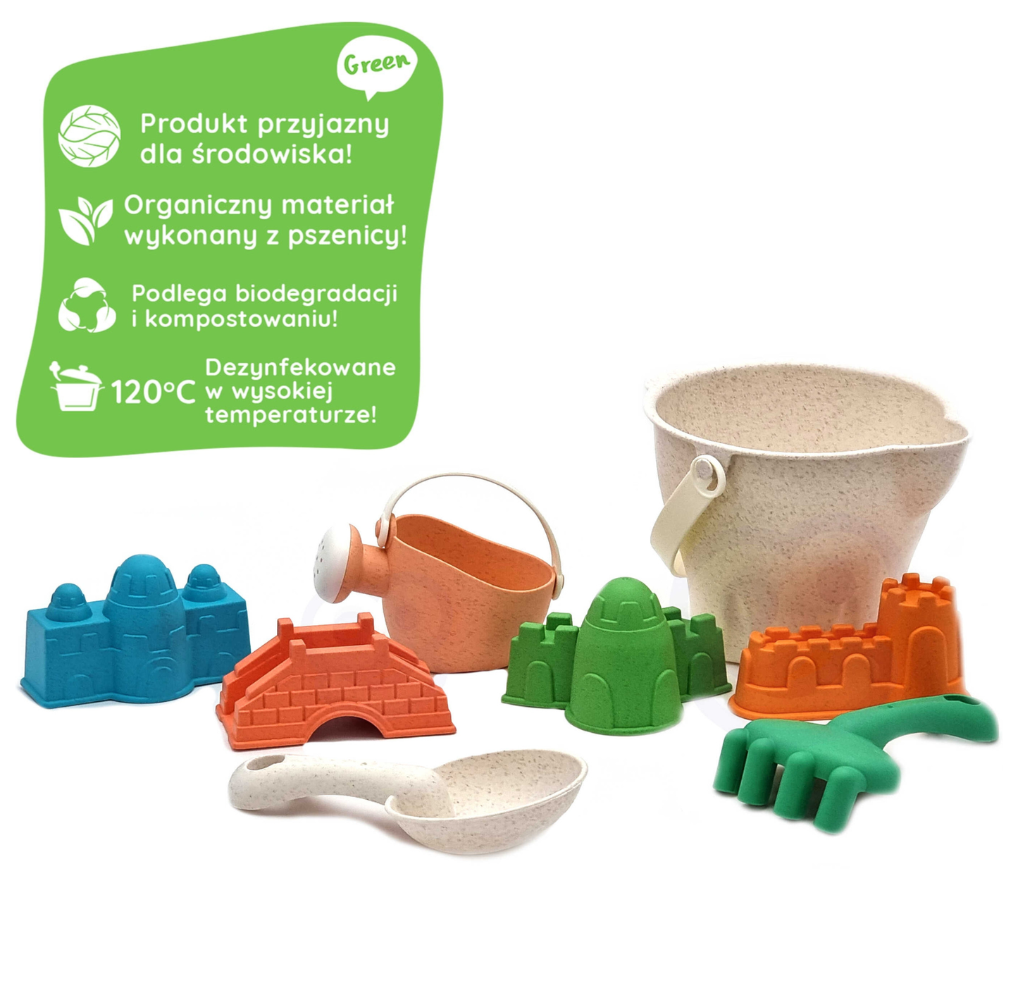 Zestaw do Piasku | Wiaderko Konewka Foremki 8 el. BIO Ekologiczny | WOOPIE GREEN