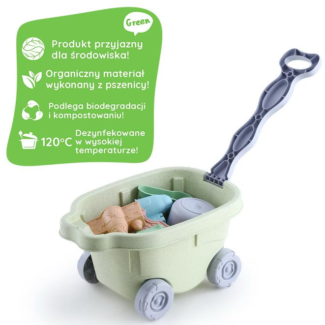 Zestaw do Piasku | Wózek Kołowrotek Sitko Foremki 12 el. BIO | WOOPIE GREEN