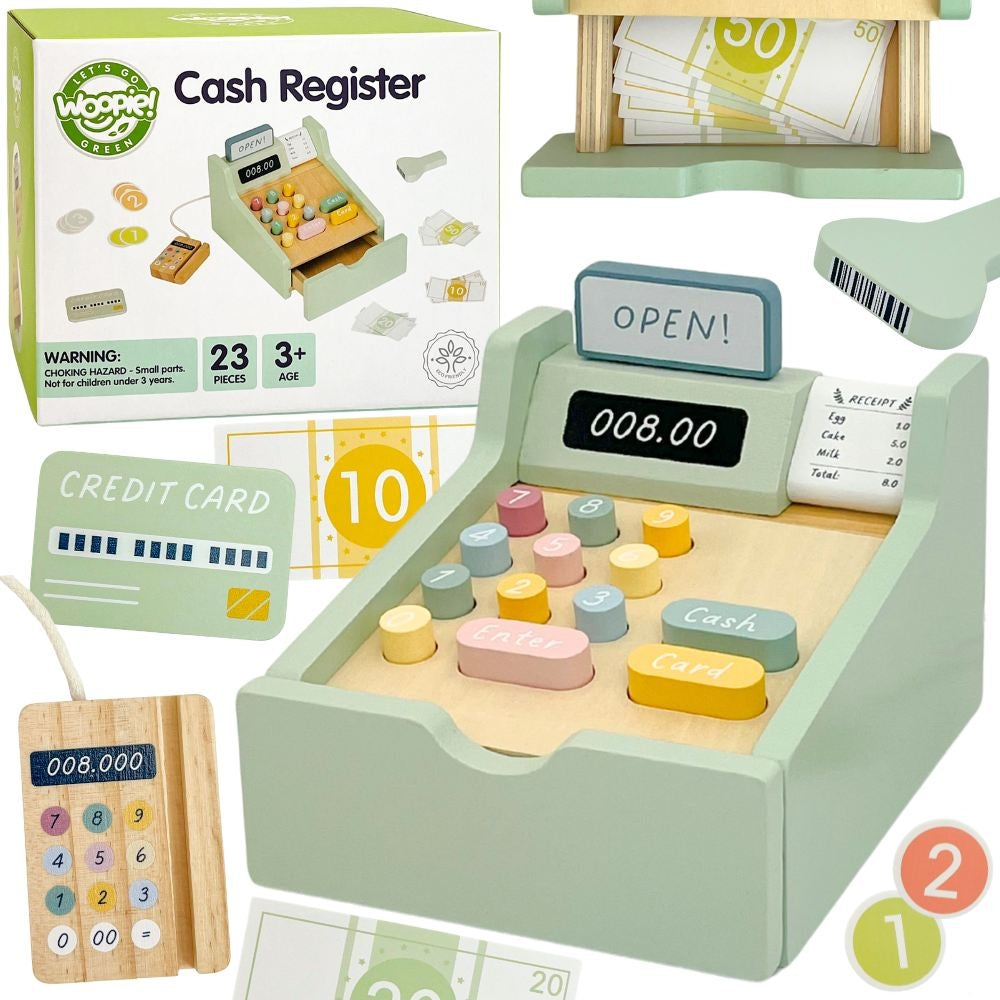 Kasa Sklepowa | Drewniana Kasa Fiskalna z Akcesoriami i Kartą | WOOPIE GREEN FSC