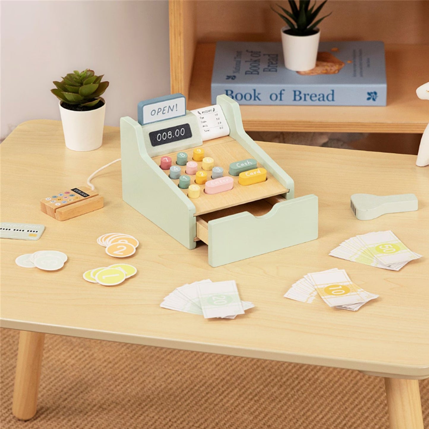 Kasa Sklepowa | Drewniana Kasa Fiskalna z Akcesoriami i Kartą | WOOPIE GREEN FSC