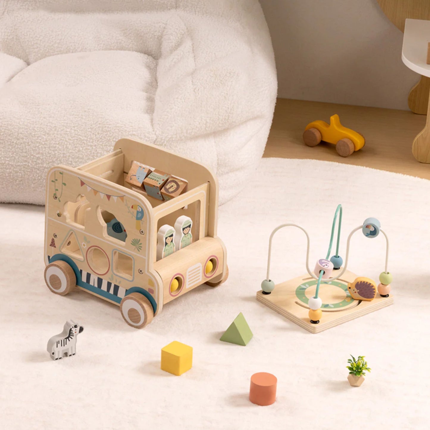 Kostka Aktywności | Drewniany Samochód Safari, Pętla, Sorter i Koła Zębate | WOOPIE GREEN
