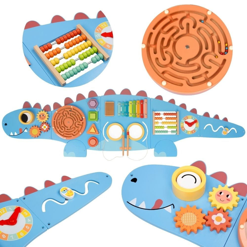 Tablica Aktywności Dinozaur | Drewniana Ścienna, Koła Zębate, Labirynt i Zegar | WOOPIE GREEN