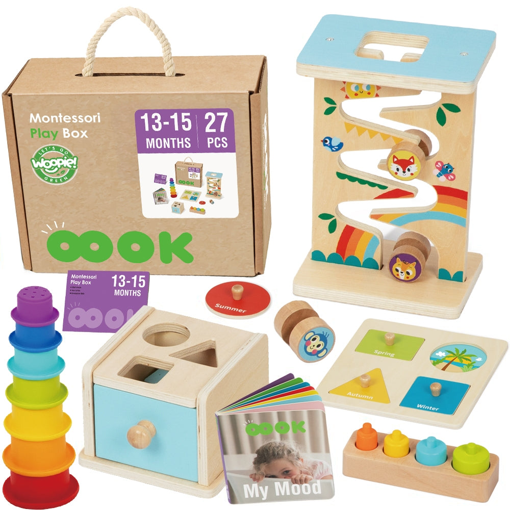 Box Edukacyjny 6w1 | Montessori, Sorter Kształtów, Układanki i Piramida | WOOPIE GREEN