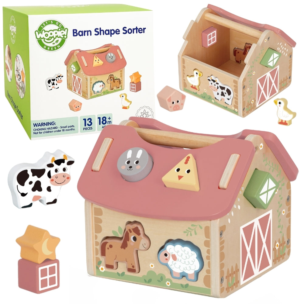 Moja Pierwsza Farma | Drewniany Sorter Kształtów ze Zwierzątkami | WOOPIE GREEN