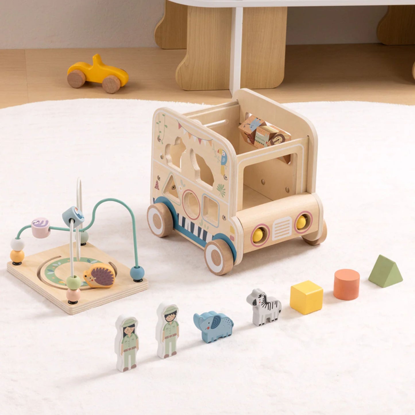 Kostka Aktywności | Drewniany Samochód Safari, Pętla, Sorter i Koła Zębate | WOOPIE GREEN