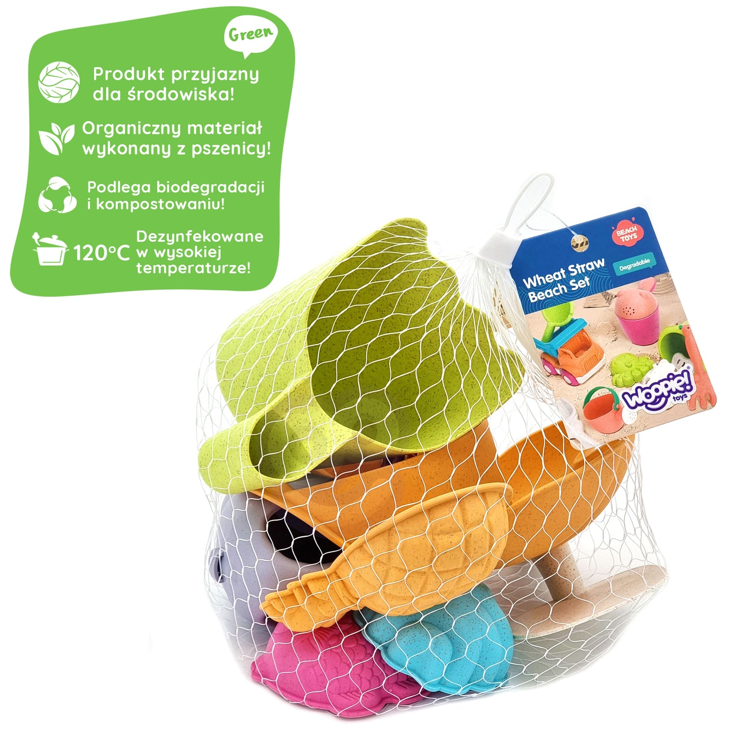 Zestaw do Piasku | Pazury Łyżka Konewka Foremki 7 el. BIO | WOOPIE GREEN